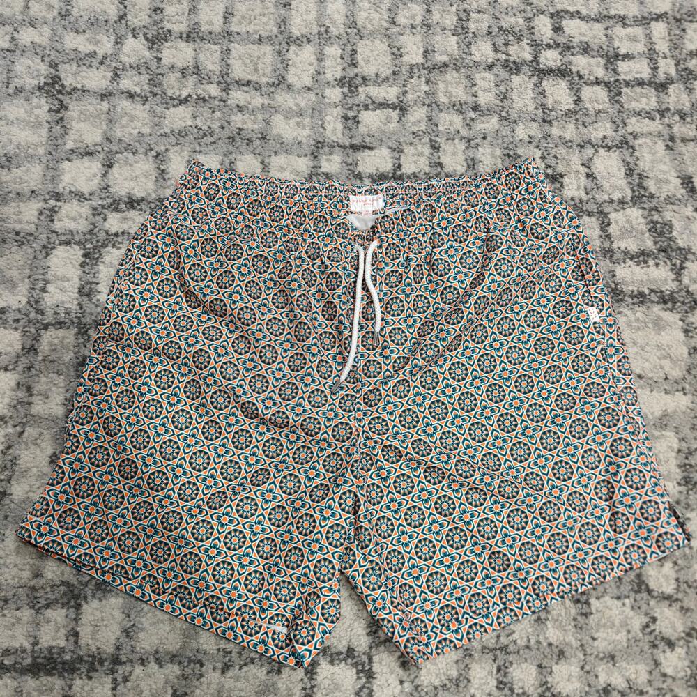 Derek Rose London Geometric Swim Trunks Mens Size XL Orange Teal Mesh Lined